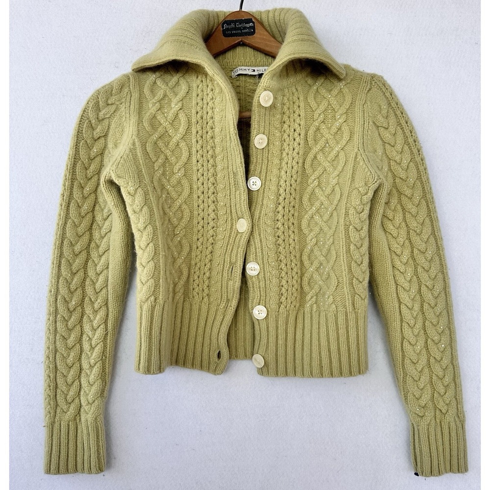 Tommy Hilfiger Cardigan Wool Angora Beaded Retro Womens XS Green Excellent